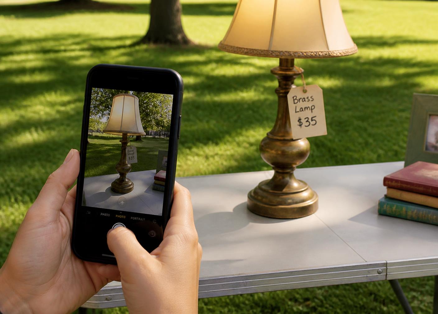 A person photographing a vintage table lamp on a wooden table