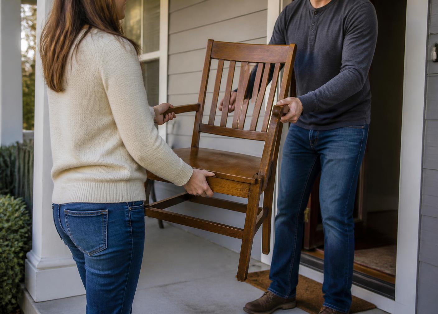 A buyer and seller meeting in person to hand over a purchased item at a yard sale